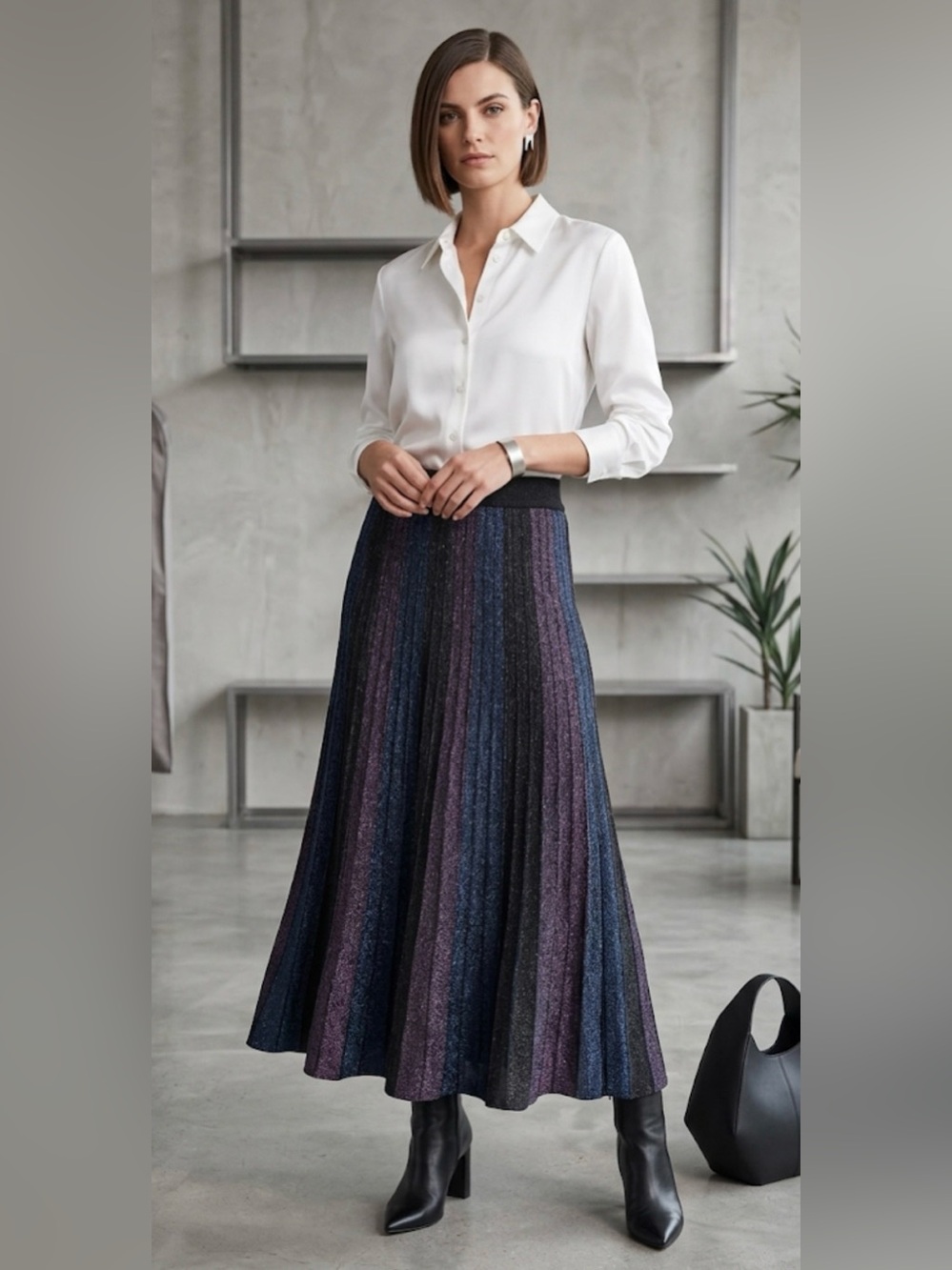 Nanette Lepore pleated metalic Striped Skirt in Navy and Purple